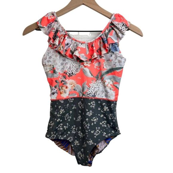 Maaji Reversible One piece Floral Pattern in Gray, Orange, Purple Size 14 - Picture 2 of 7